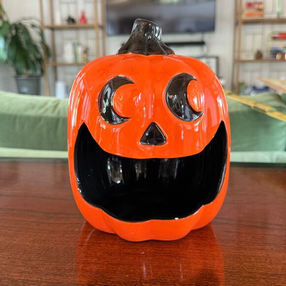Glossy Orange Happy Pumpkin Jack-O-Lantern Candle or Fairy Lights - Picture 1 of 5